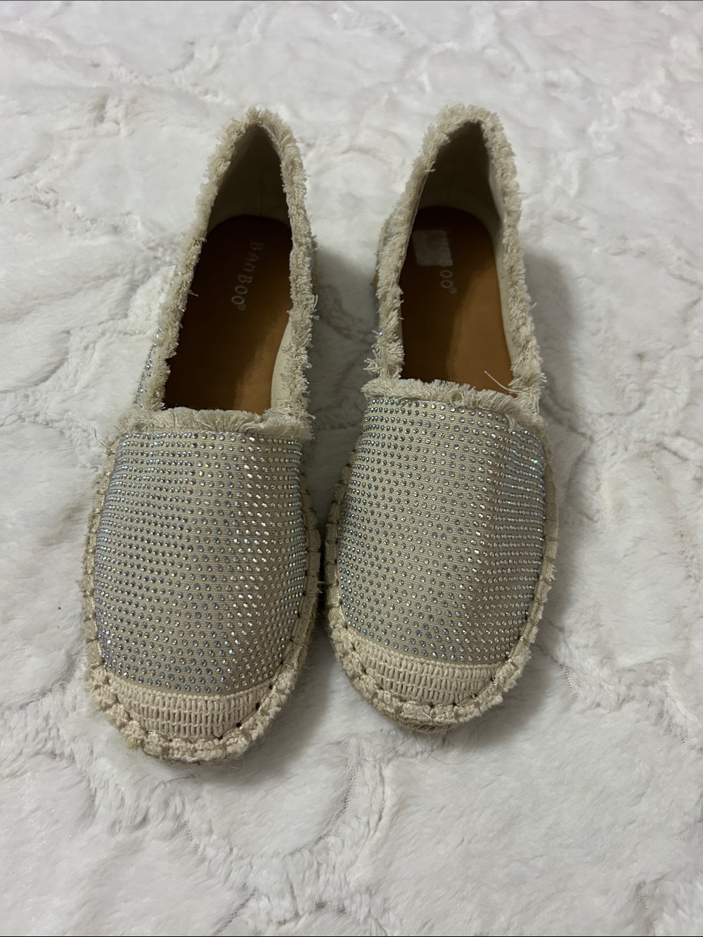 BAMBOO Cream Espadrille Slip-Ons with Rhinestone Studs